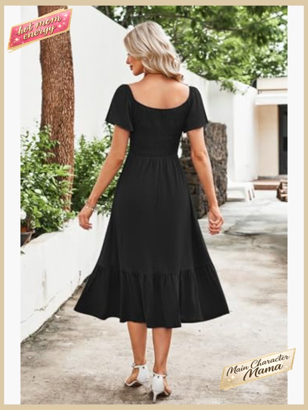 Square Neck Smocked Midi Dress Flutter Sleeve Empire Waist Summer Casual - Picture 5 of 7